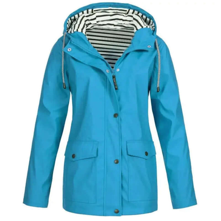 Fashionable women's waterproof jacket, ideal outerwear for rain, wind, and outdoor activities.