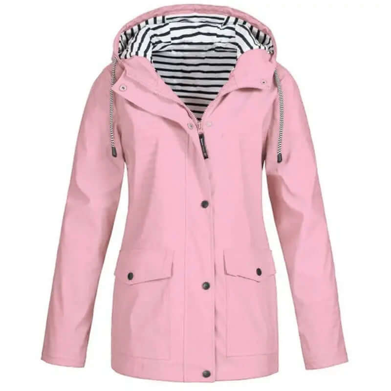 Full-zip women's waterproof jacket with hood, windproof for ultimate outdoor comfort.