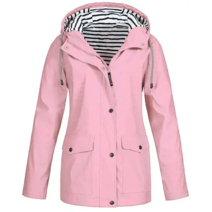 Full-zip women's waterproof jacket with hood, windproof for ultimate outdoor comfort.