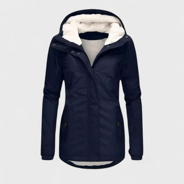 Versatile women's stylish hooded waterproof winter coat, ideal for everyday wear in cold, rainy weather.