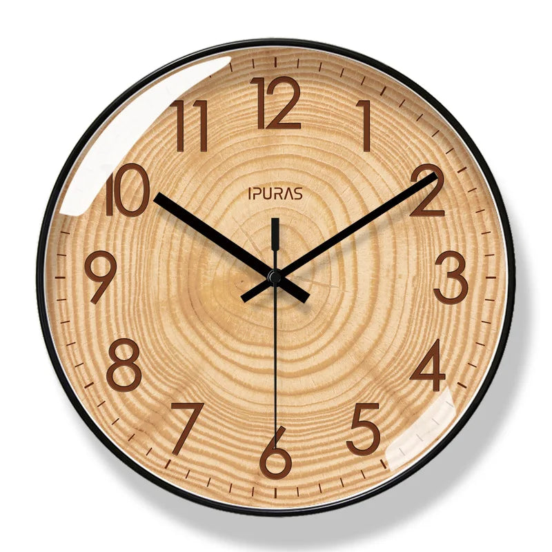 Natural wood grain silent wall clock, a stylish and functional timepiece for a serene home environment.