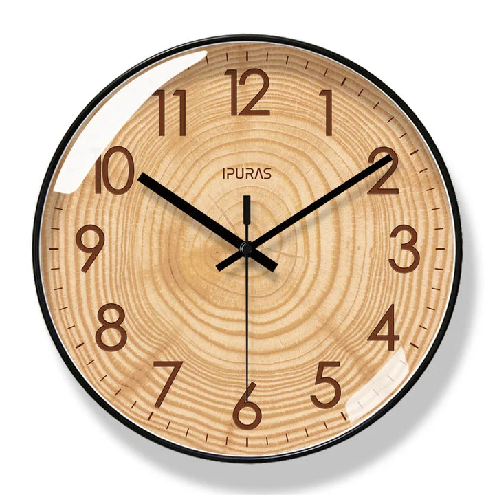 Natural wood grain silent wall clock, a stylish and functional timepiece for a serene home environment.