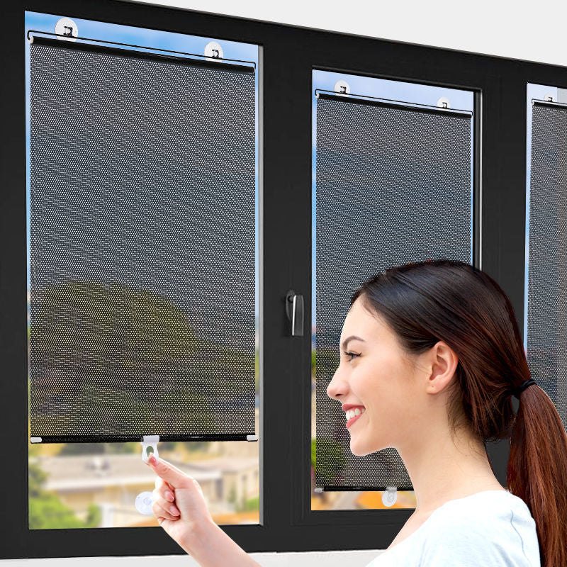 Sun-blocking roller blind with easy adhesive mount. Reduces glare & heat, offers privacy without drilling.