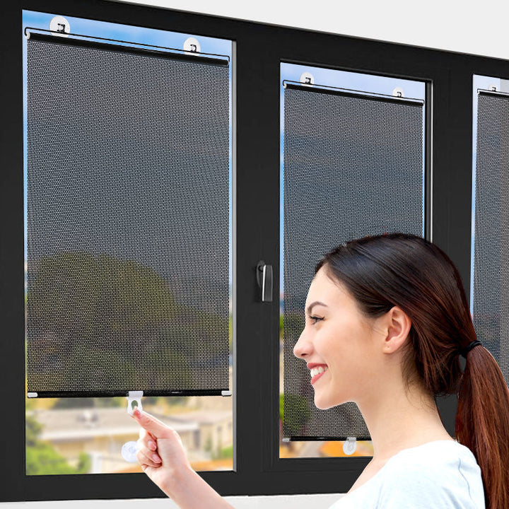 Sun-blocking roller blind with easy adhesive mount. Reduces glare & heat, offers privacy without drilling.