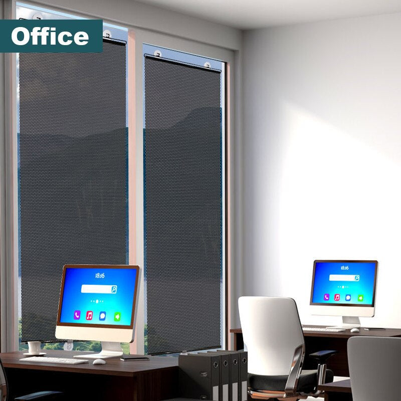 Unisex sun block roller blind for windows. No-drill installation, reduces heat, controls glare, enhances privacy.