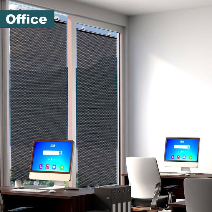 Unisex sun block roller blind for windows. No-drill installation, reduces heat, controls glare, enhances privacy.