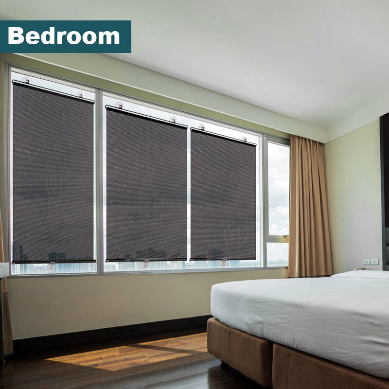 Easy install roller blind for sun blocking. Provides heat reduction, glare control, & privacy for any room.