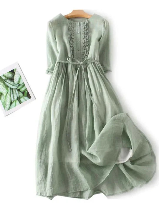 Chic O-neck women's summer holiday dress featuring delicate ruffles, ideal for a casual yet elegant look.