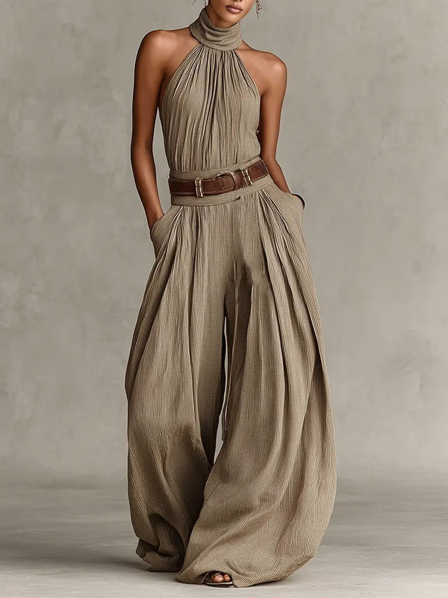 Taupe women's halter neck wide-leg jumpsuit, perfect for bohemian resort wear or casual chic vacation outfits.