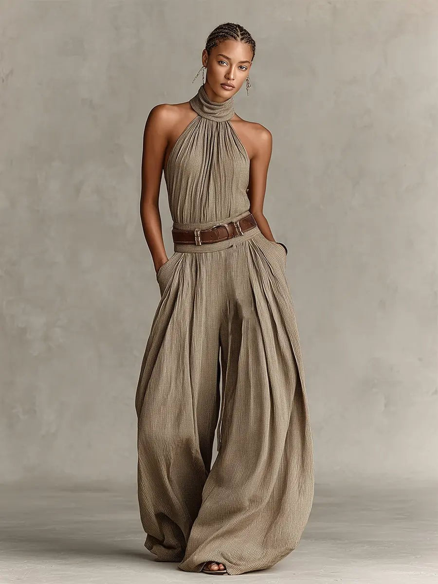 Elegant taupe halter neck wide-leg jumpsuit for women, a comfortable and stylish bohemian choice for resorts.