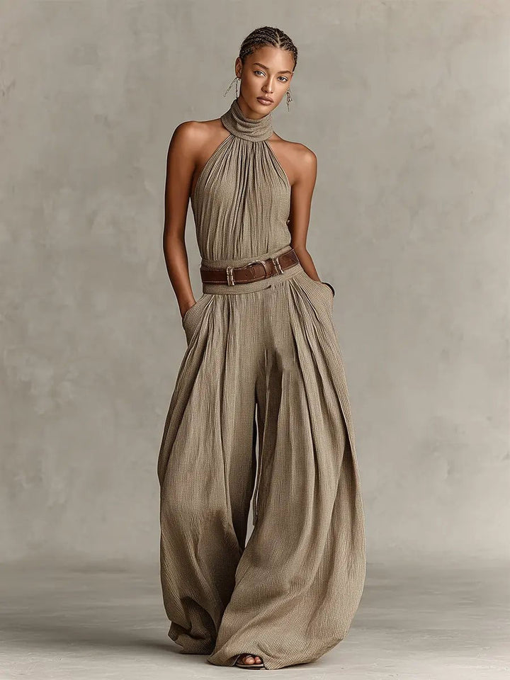 Elegant taupe halter neck wide-leg jumpsuit for women, a comfortable and stylish bohemian choice for resorts.