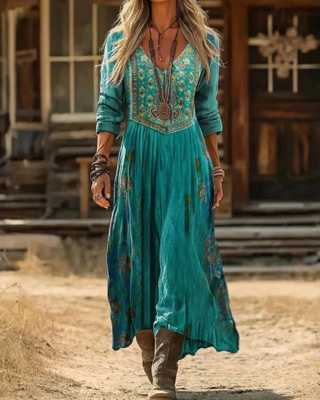 Teal embroidered boho maxi dress for women with V-neck & long sleeves. Flowy elegant summer spring fashion.