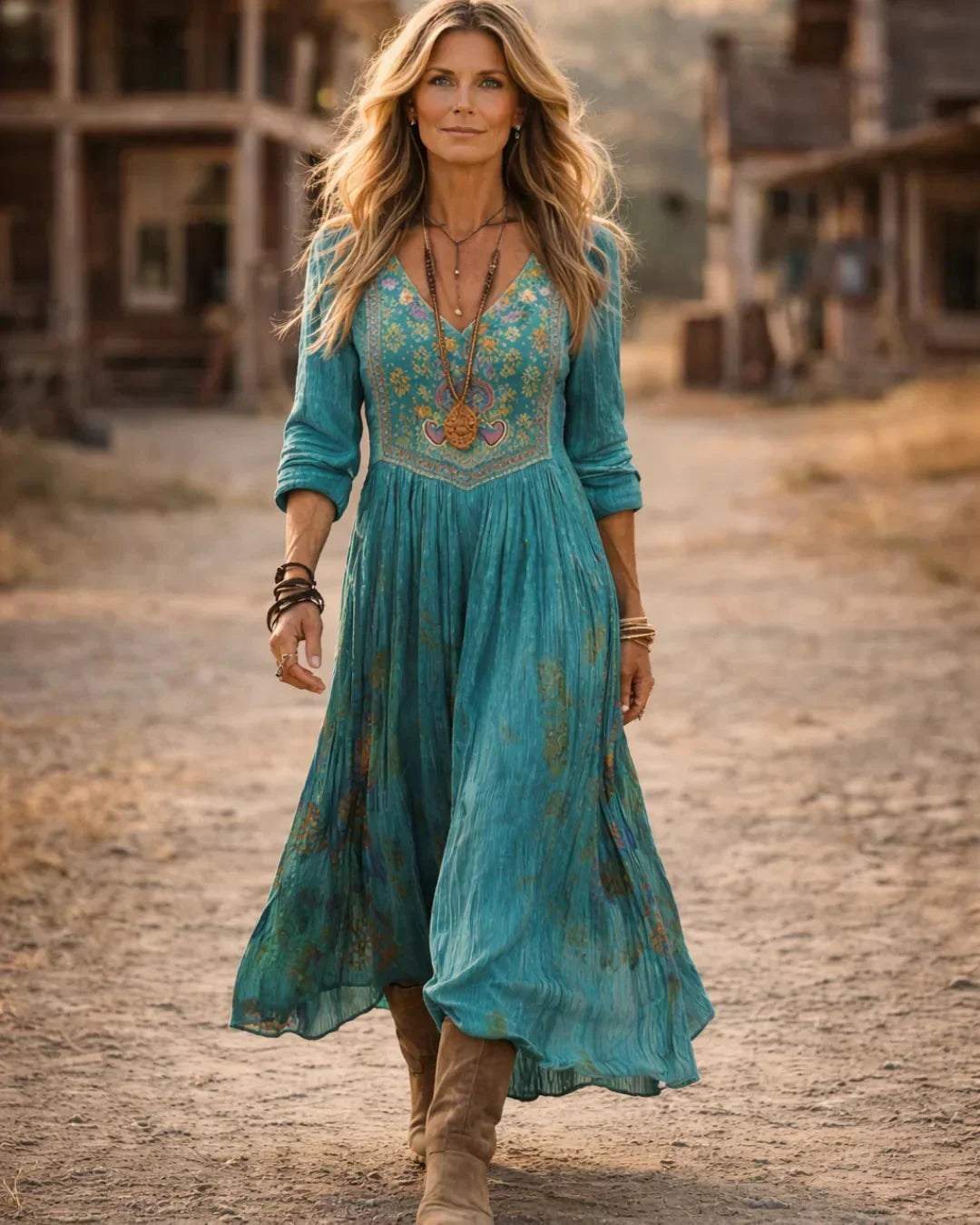 Elegant women's bohemian maxi dress, teal with intricate embroidery, V-neck & long flowy sleeves.