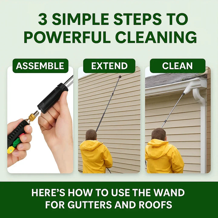 Extendable pressure washer wand, making high-reach power washing easy for home maintenance.