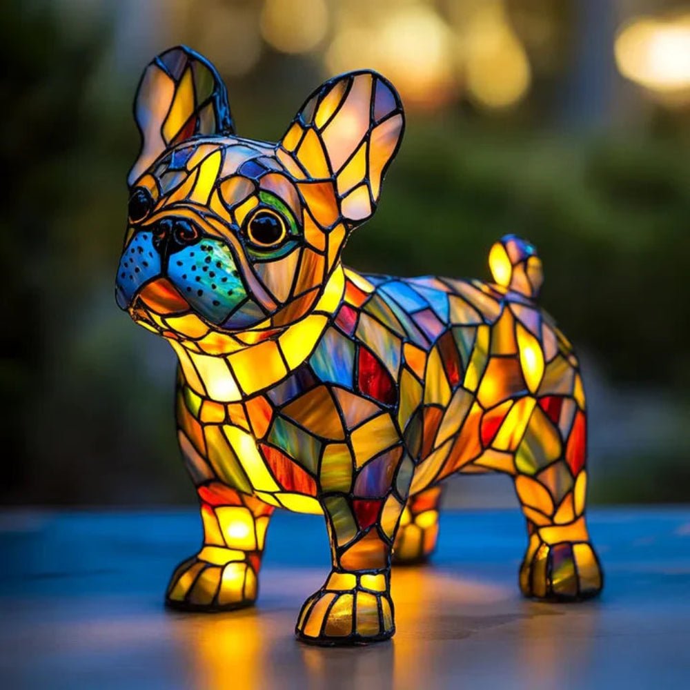 Tiffany style stained glass dog table lamp, charming home accent & unique pet decor.