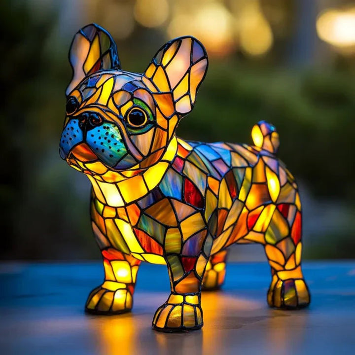 Tiffany style stained glass dog table lamp, charming home accent & unique pet decor.