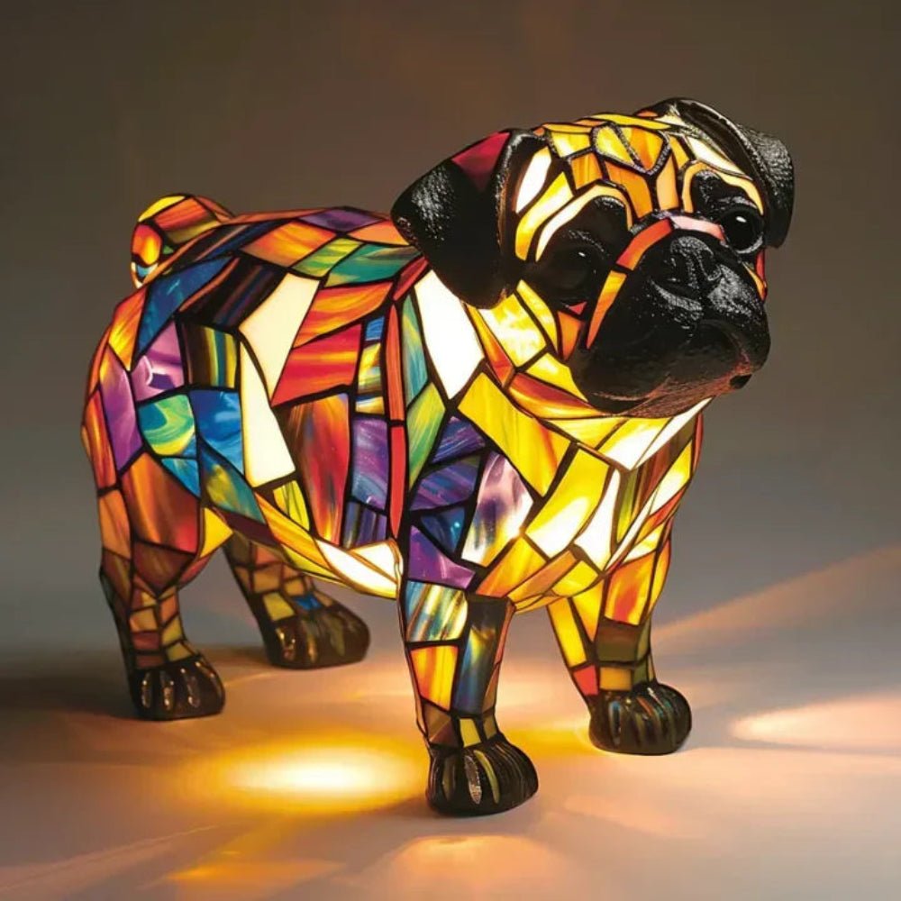 Beautiful stained glass dog table lamp, Tiffany style, a unique decorative home accent.