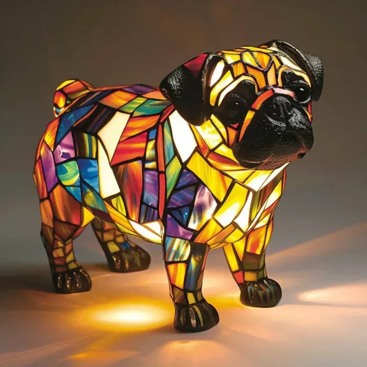 Beautiful stained glass dog table lamp, Tiffany style, a unique decorative home accent.