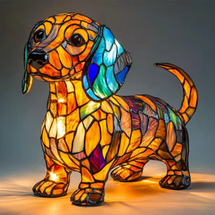 Decorative stained glass dog table lamp, a unique Tiffany style gift for pet lovers.