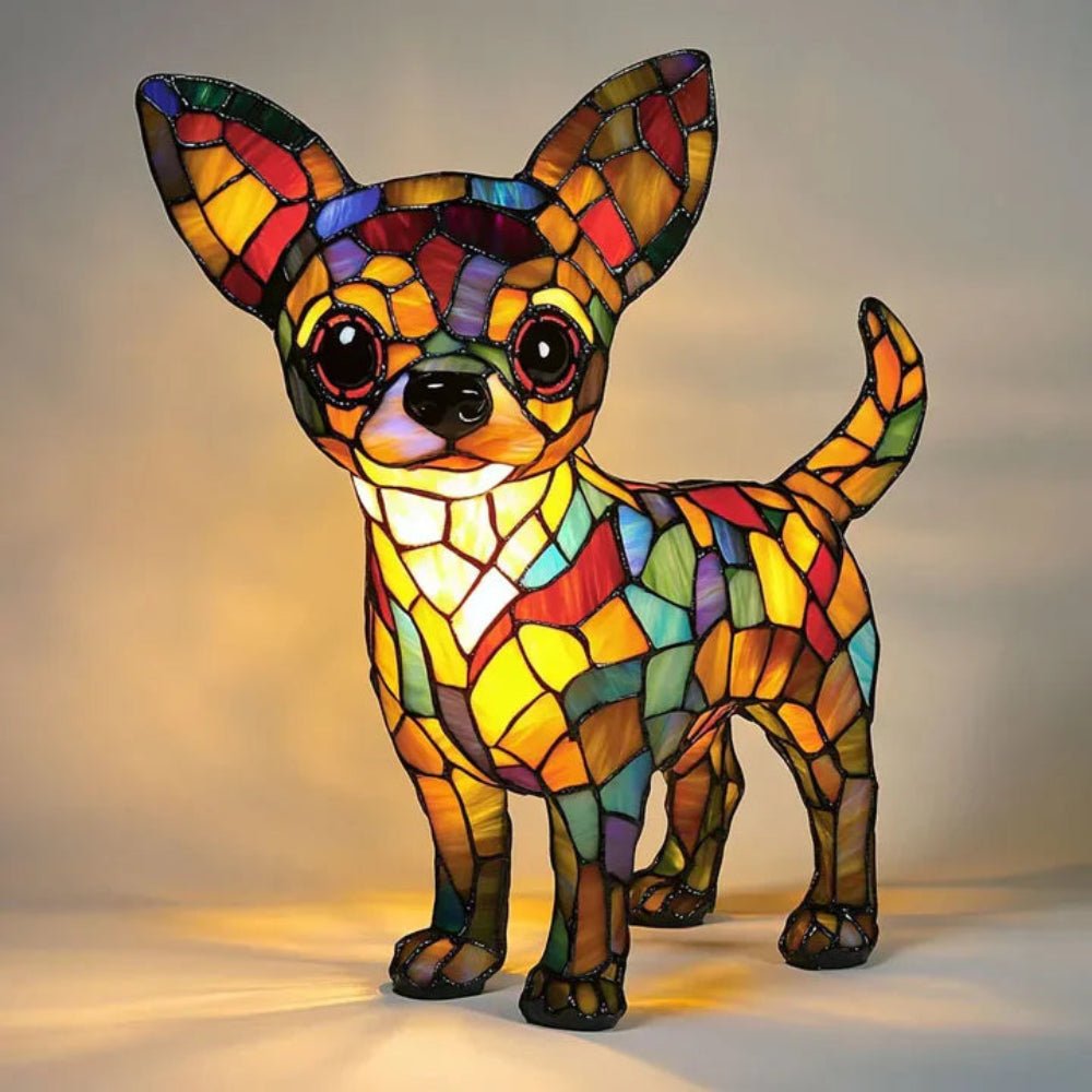 Elegant Tiffany style stained glass dog table lamp, animal lighting for your home accent.