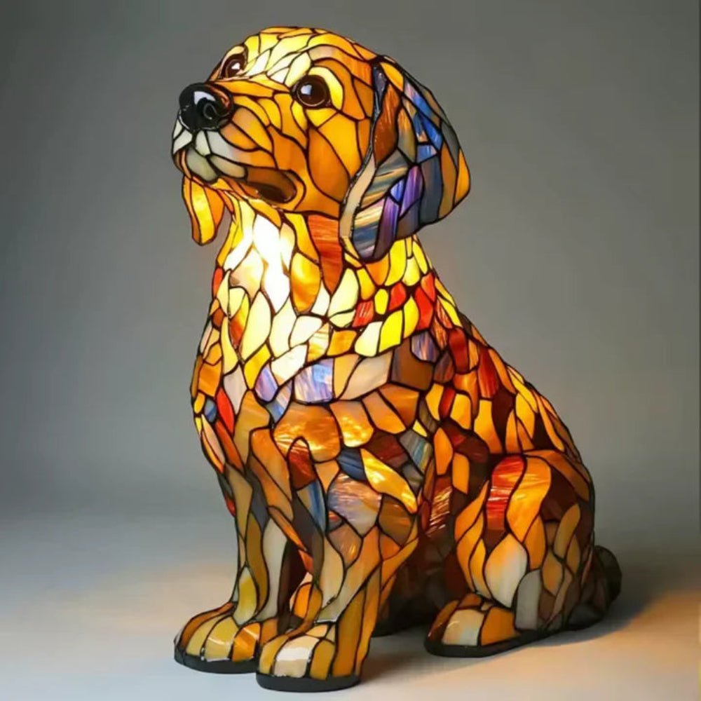 Charming Tiffany style stained glass dog table lamp, a delightful home accent piece.