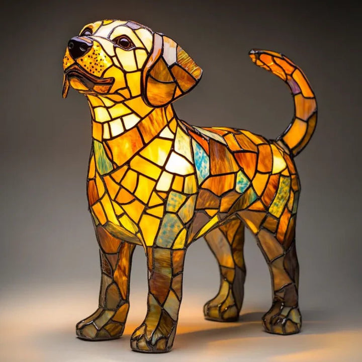 Stained glass dog lamp, Tiffany style table light for unique animal-themed decor.