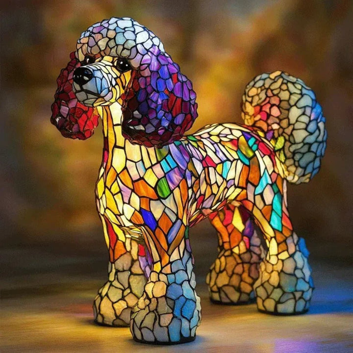 Colorful stained glass dog table lamp, Tiffany style, ideal for pet-themed home decor.
