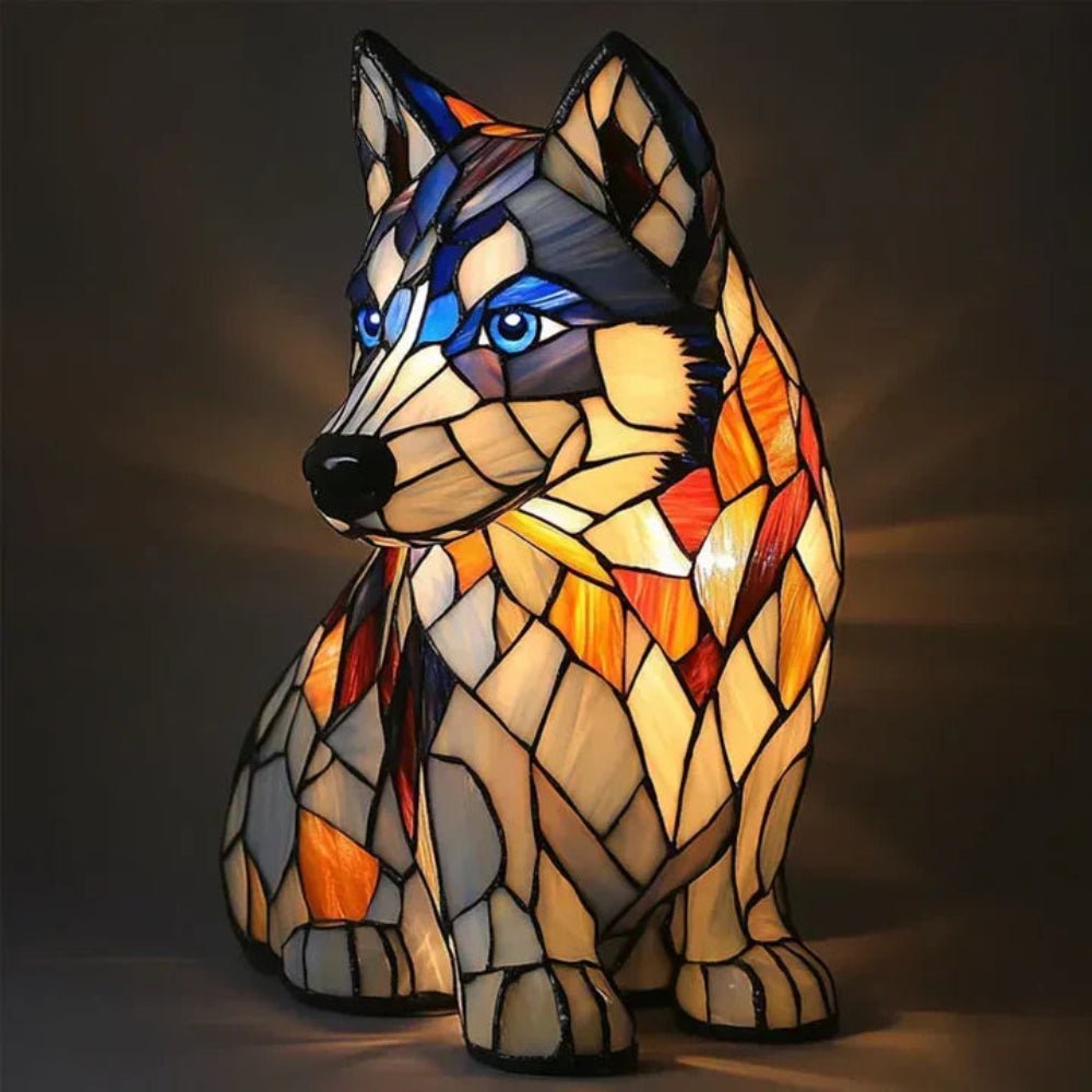 Intricate stained glass dog table lamp, Tiffany style, adds decorative animal lighting.