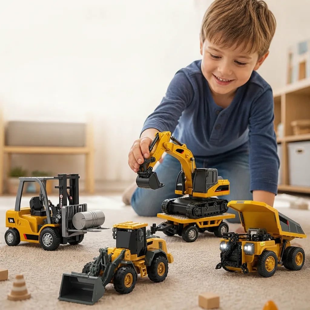 Toddler's 4-in-1 RC construction vehicle set: excavator, dump truck, bulldozer toy for interactive imaginative play.