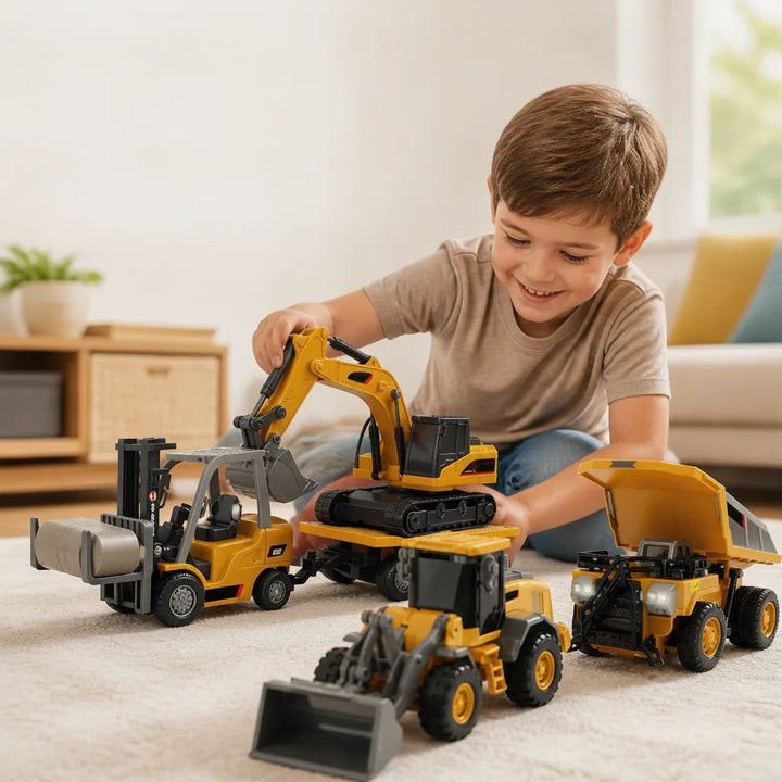 Kids' RC construction playset with remote control excavator and dump truck for engaging, durable toddler play.