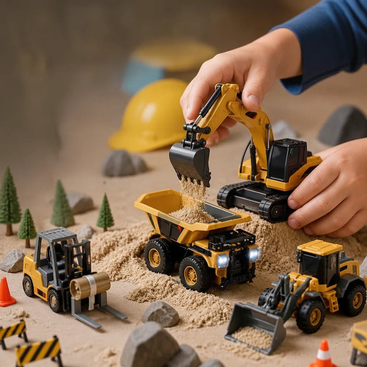 Interactive 4-in-1 RC construction toy set for toddlers: remote control excavator, bulldozer, dump truck fun.