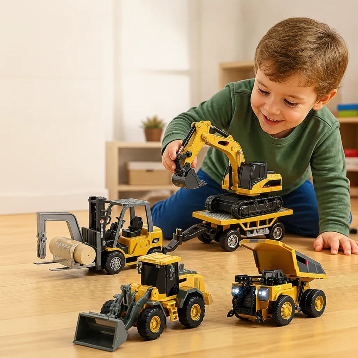 Durable 4-in-1 RC construction vehicle set. Includes remote control excavator, bulldozer & dump truck toys for kids.