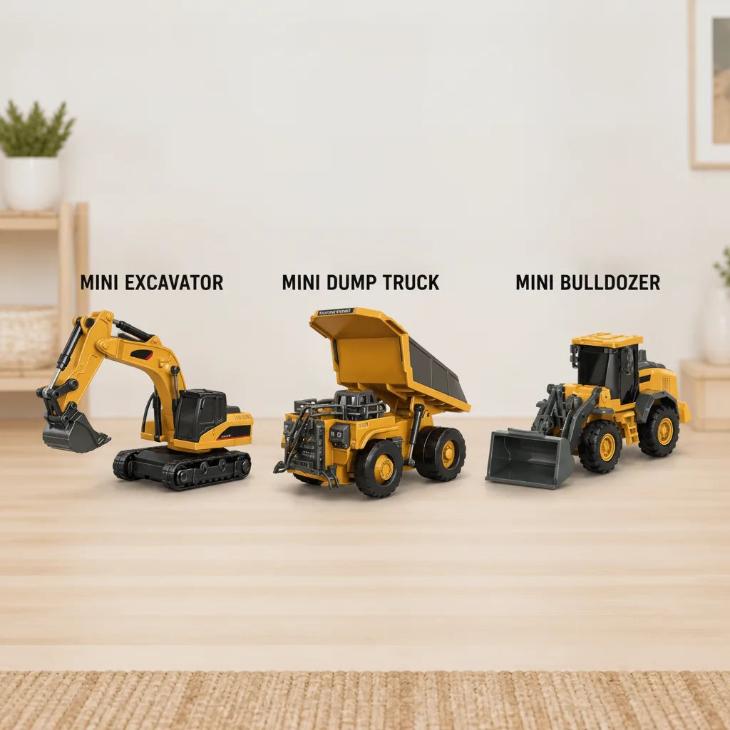 Toddler 4-in-1 RC construction vehicle toy. Remote control excavator, dump truck, bulldozer for interactive kids' play.