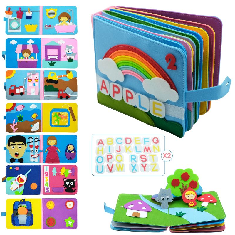 Toddler's washable Montessori busy cloth book for early learning, sensory development, & fine motor skills.