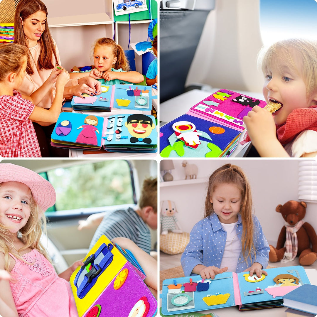 Educational cloth busy book, perfect Montessori travel toy for toddlers, promotes fine motor skills. Great baby gift.