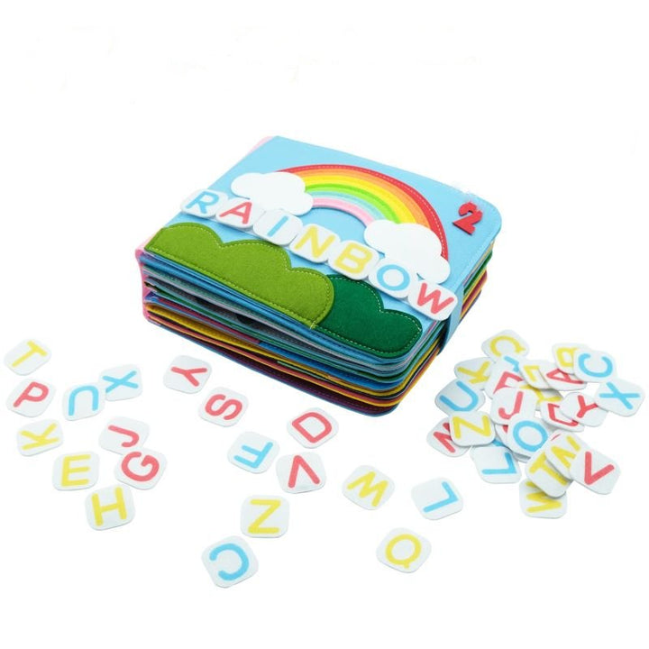 Vibrant sensory busy cloth book for toddlers, enhancing fine motor skills & early learning. Durable & washable.