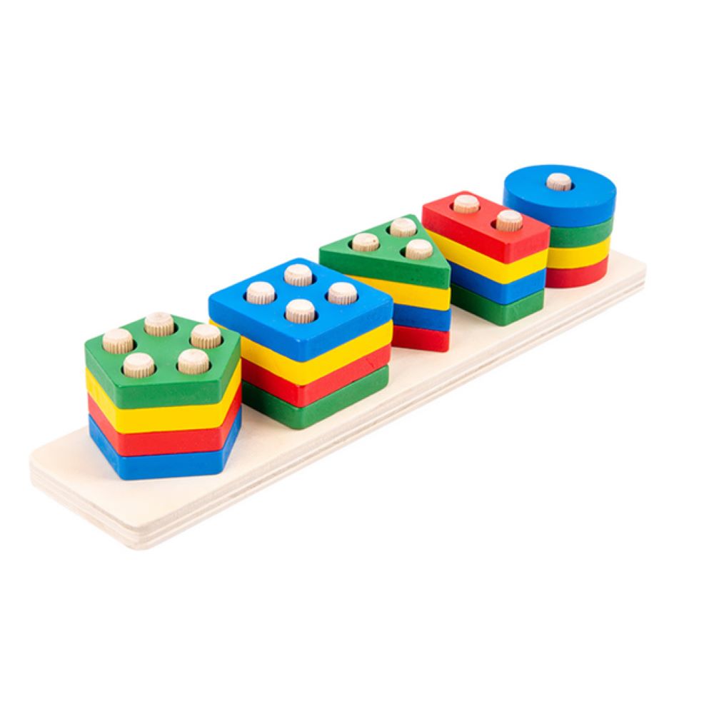 Kids wooden building blocks set for stacking and sorting games. Preschool learning toy with colorful geometric shapes.