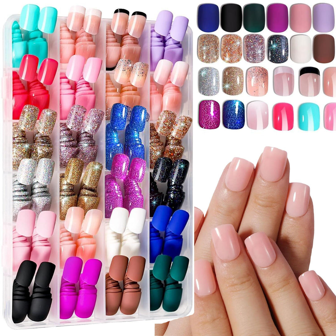 Trendy multi-design press-on nail set featuring various styles for an instant, fashionable manicure.