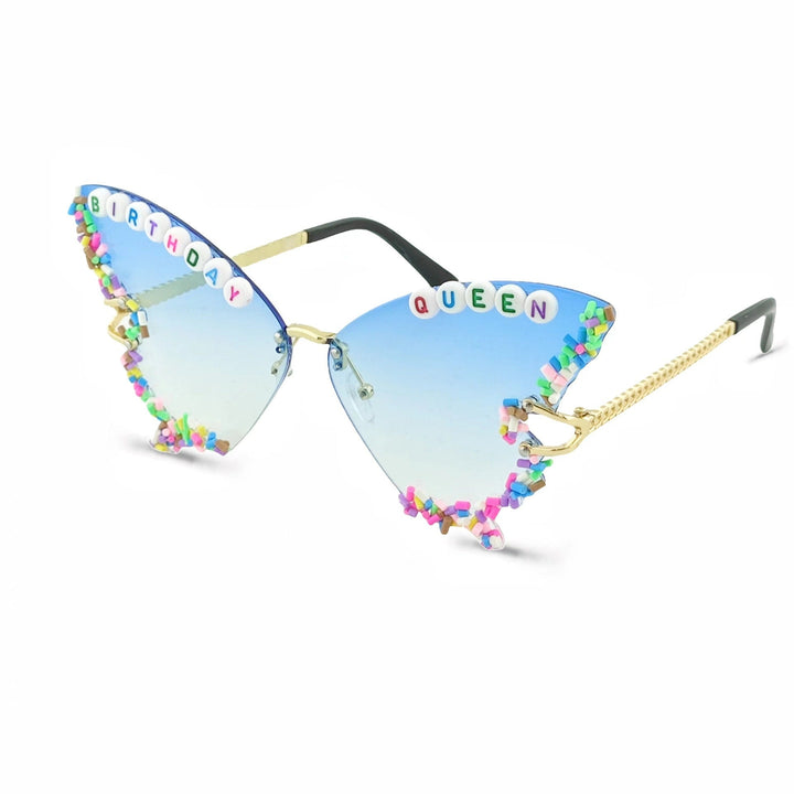 Trendy pink cat-eye sunglasses for women, perfect 'Birthday Queen' party accessory with UV protection.