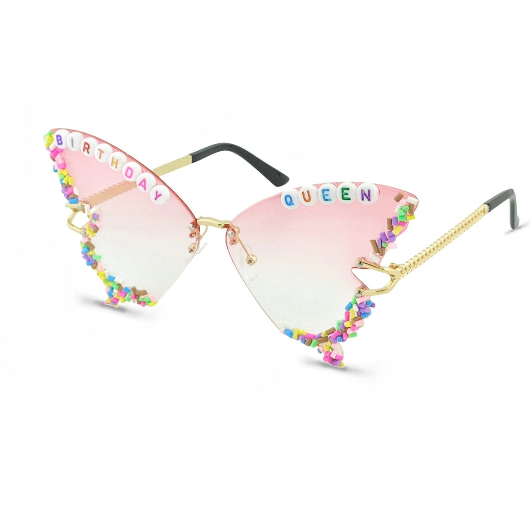 Fun 'Birthday Queen' cat-eye sunglasses for women, perfect party eyewear with UV protection.