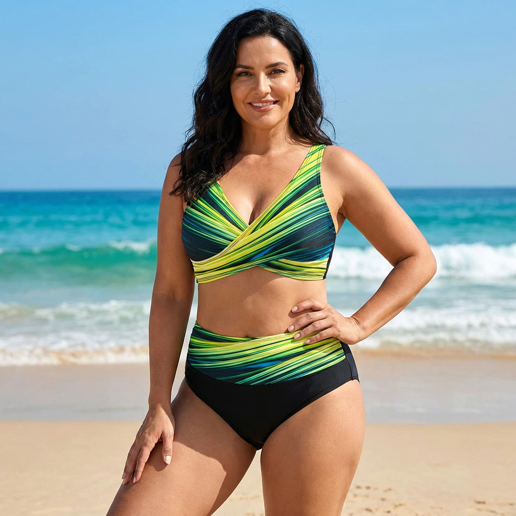 Front view of a trendy women's plus-size body-shaping bikini, ideal for summer beach and pool days.