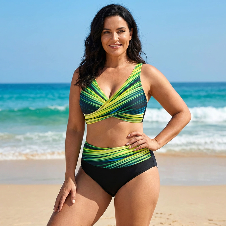 Front view of a trendy women's plus-size body-shaping bikini, ideal for summer beach and pool days.