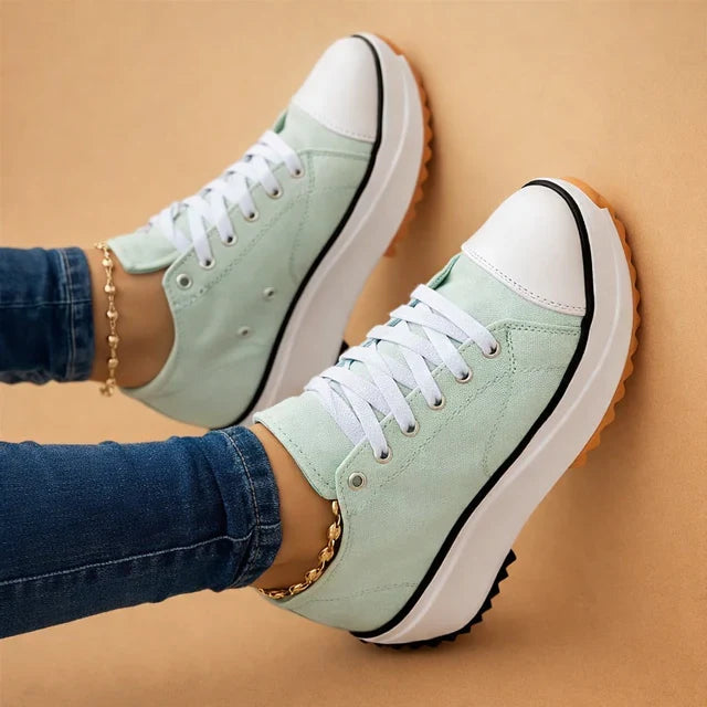 Side profile of a women's high-top sneaker highlighting its durable chunky sole for comfort.