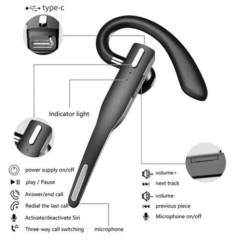 Hands-free Wireless Bluetooth Headset for truckers and office, with noise cancelling and dual mic for calls.