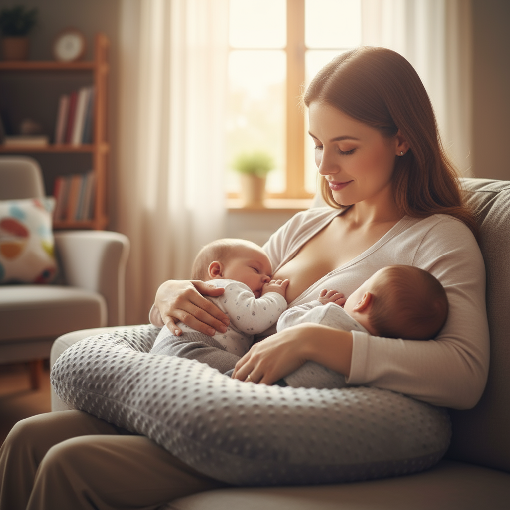 Twin nursing pillow for comfortable tandem feeding support for parents of multiples.