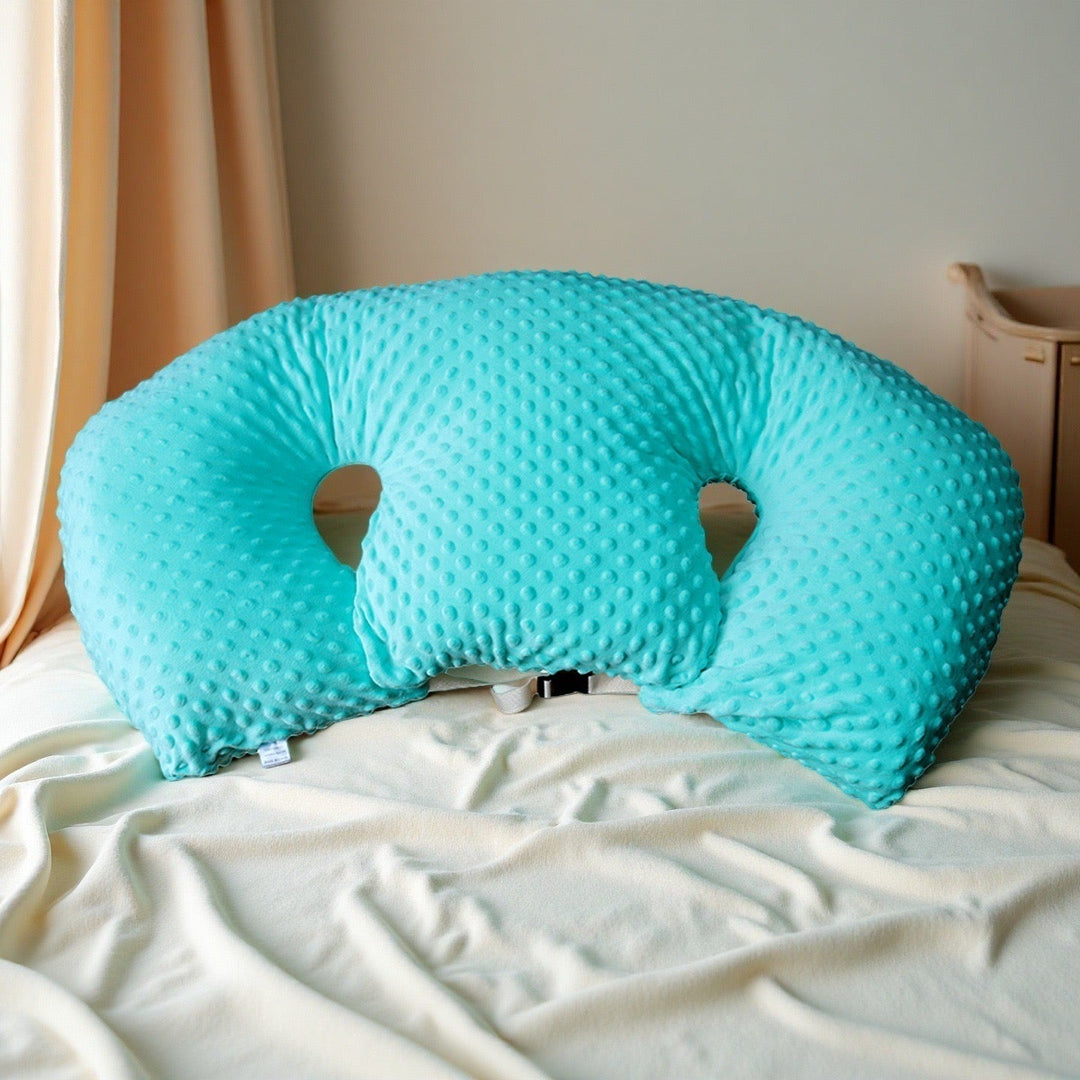 Close-up of the soft, durable fabric of the twin nursing pillow with a washable cover.