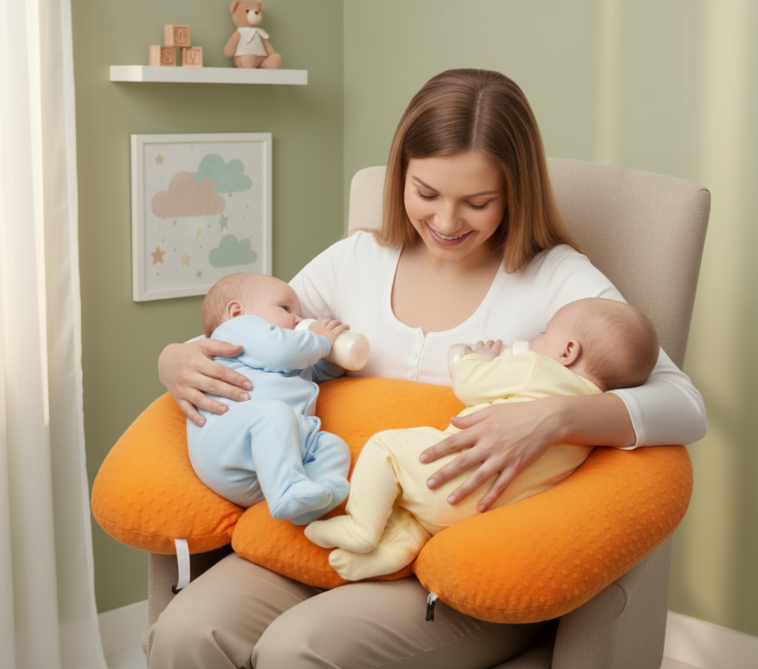 Twin breastfeeding pillow providing essential support for mom and babies during feeds.