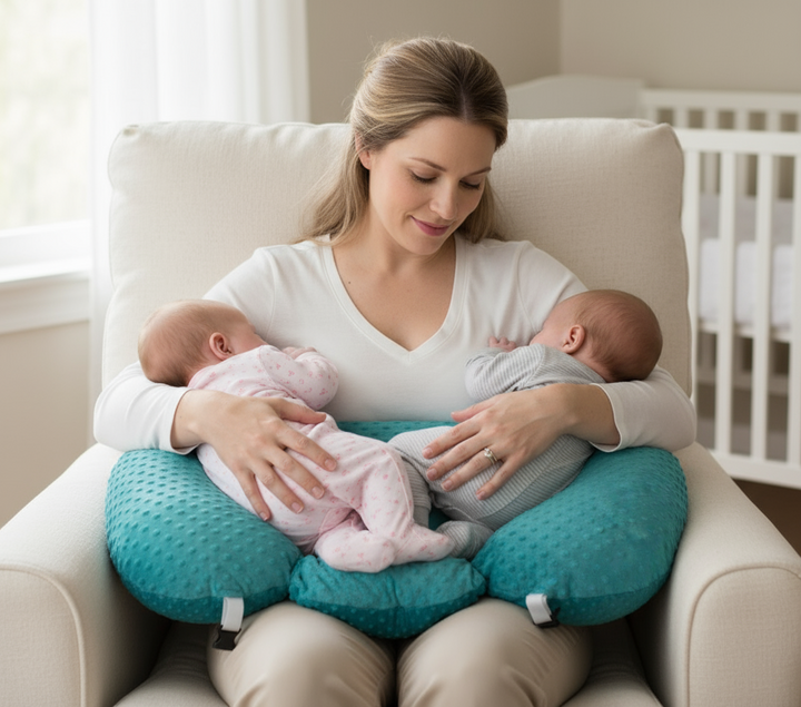 Parent's twin nursing pillow, a practical solution for simultaneous infant feeding.