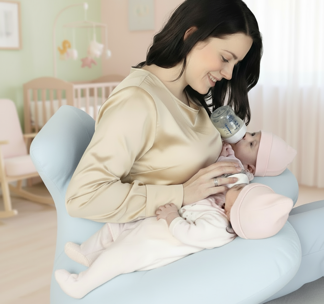 Essential baby support pillow for twins, making feeding time calmer and easier.