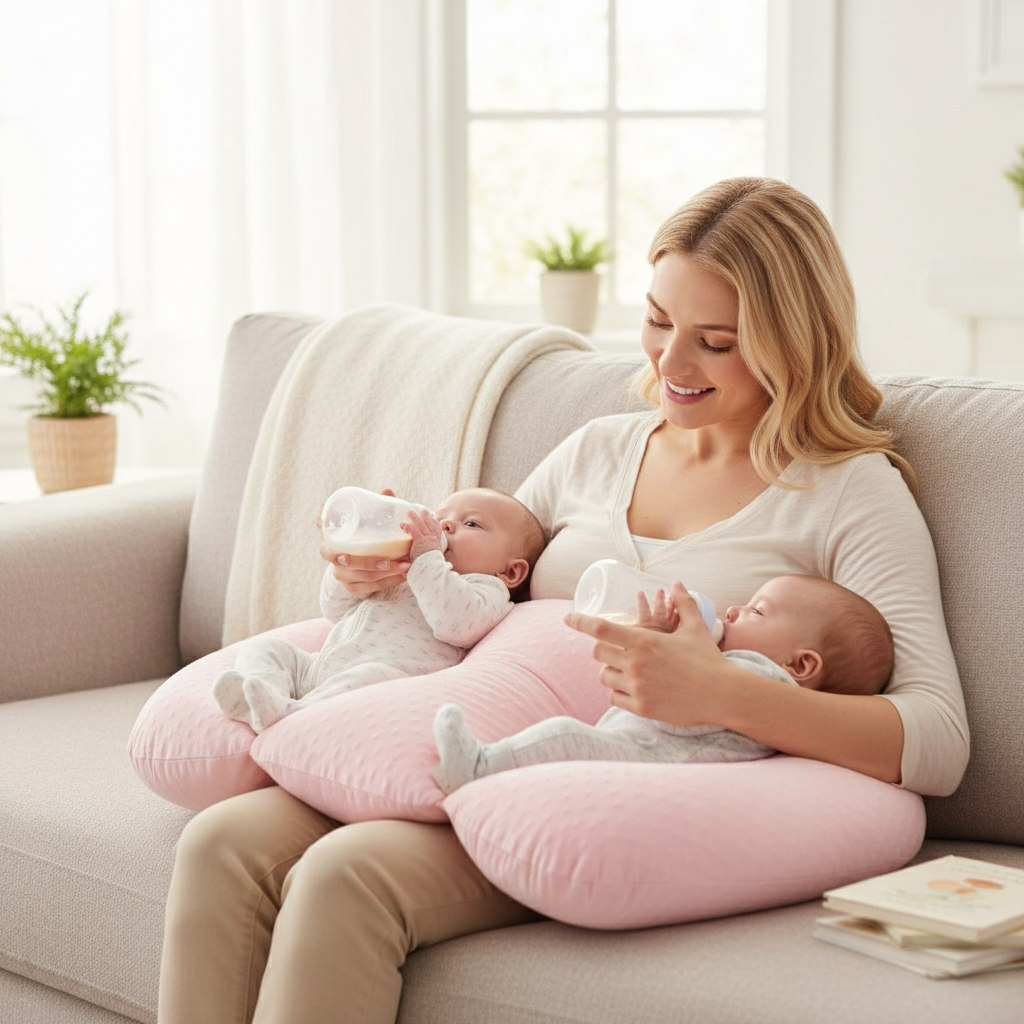 Twin nursing pillow with contoured shape for ergonomic baby and parent support.